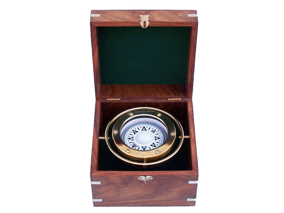 Solid Brass Gimble Compass w/ Rosewood Box 6""