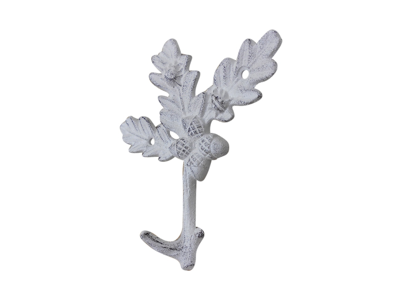 Whitewashed Cast Iron Oak Tree Leaves with Acorns Decorative Metal Tree Branch Hooks 6.5""