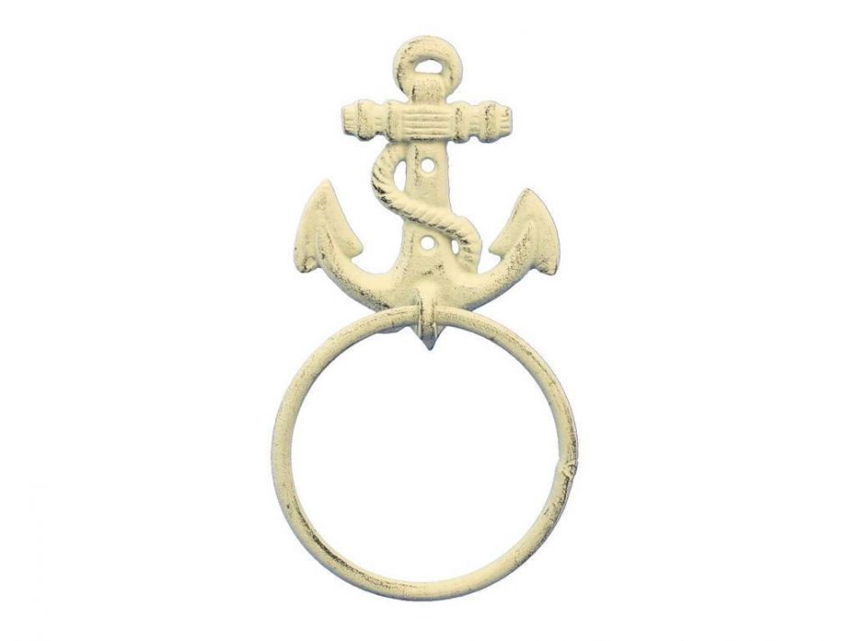 Whitewashed Cast Iron Anchor Towel Holder 8.5""