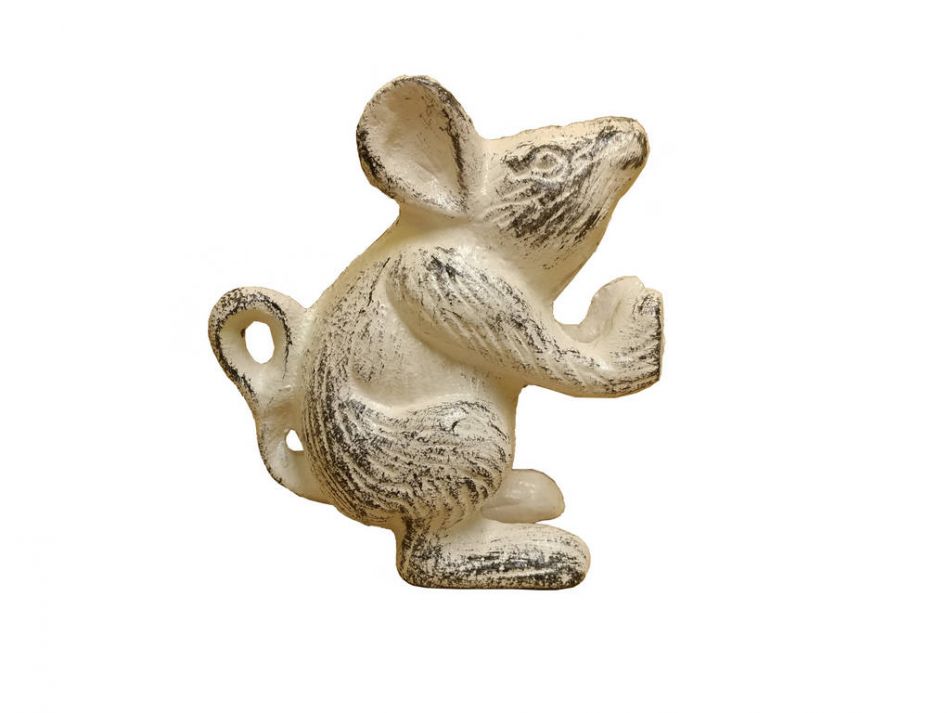 Whitewashed Cast Iron Mouse Door Stopper 5""