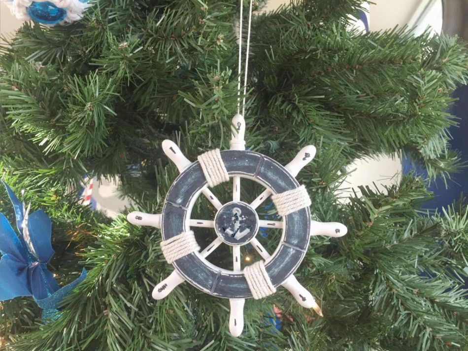 Rustic Dark Blue and White Decorative Ship Wheel With Anchor Christmas Tree Ornament 6"