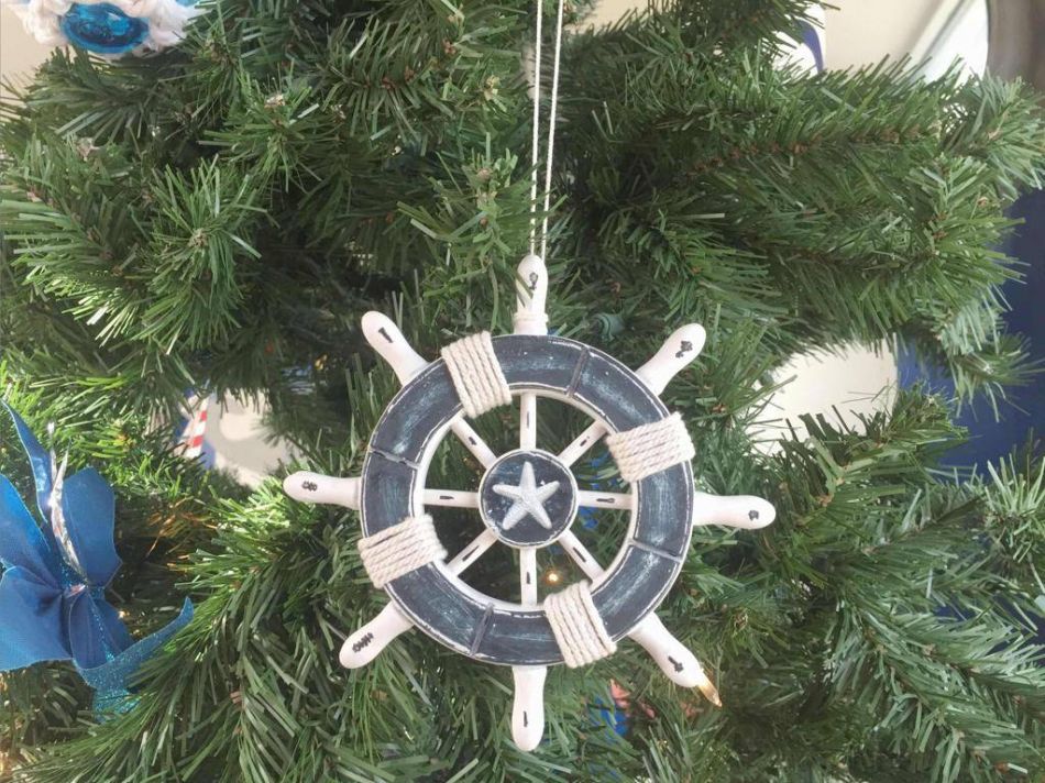 Rustic Dark Blue and White Decorative Ship Wheel With Starfish Christmas Tree Ornament 6""