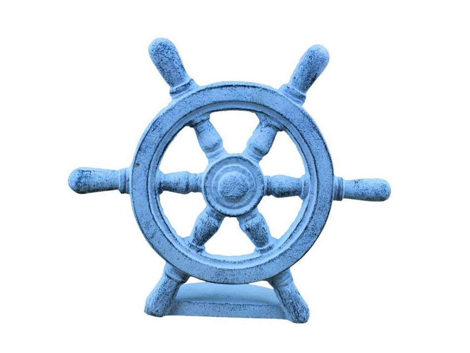 Dark Blue Whitewashed Cast Iron Ship Wheel Door Stopper 9""