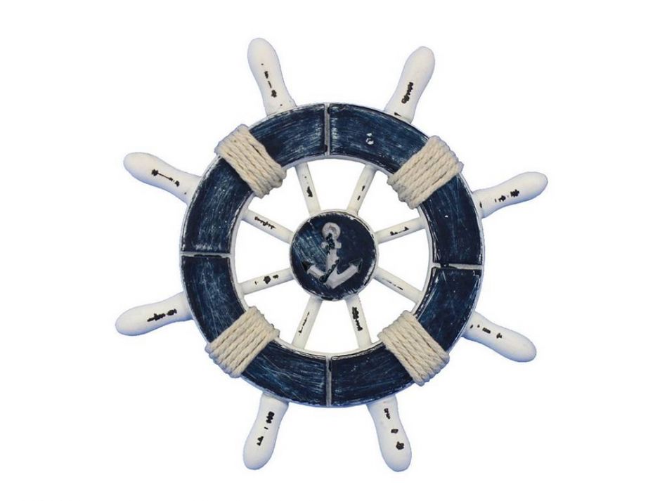 Rustic Dark Blue and White Decorative Ship Wheel With Anchor 6""