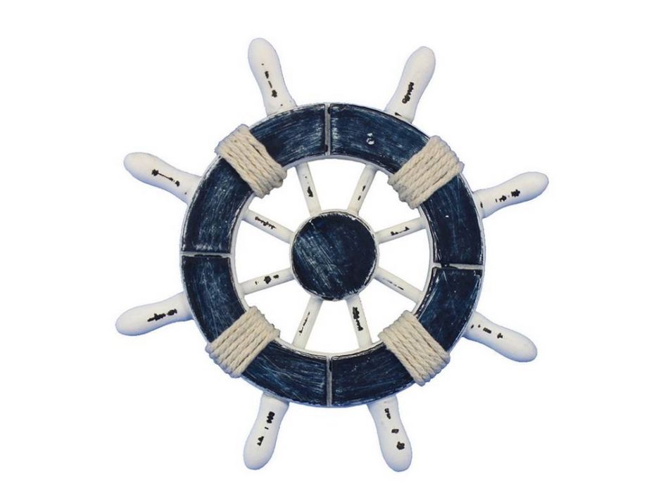 Rustic Dark Blue and White Decorative Ship Wheel 6""
