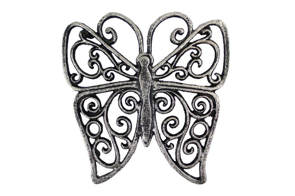 Rustic Silver Cast Iron Butterfly Trivet 8""