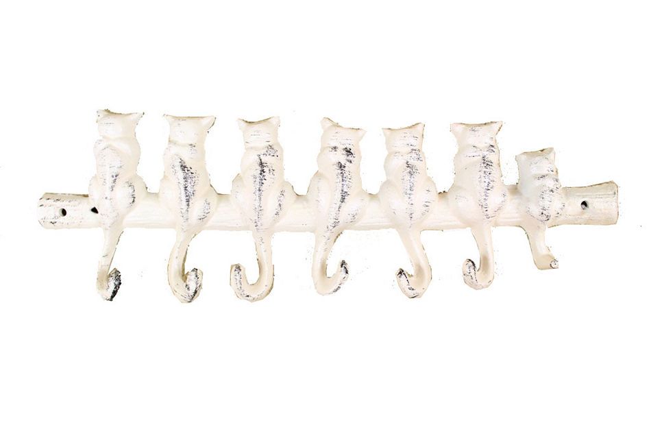 Whitewashed Cast Iron Cat Wall Hooks 13""