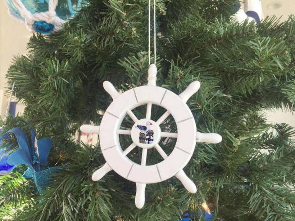 White Decorative Ship Wheel With Seagull Christmas Tree Ornament 6""