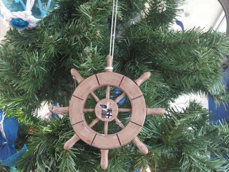 Rustic Wood Finish Decorative Ship Wheel With Seagull Christmas Tree Ornament 6""