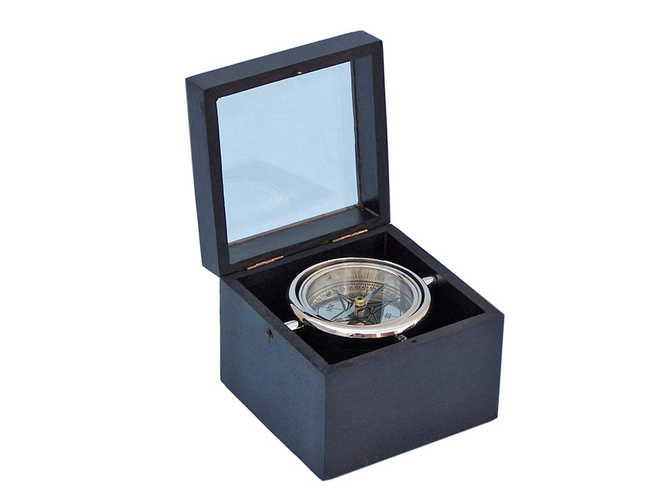 Chrome Lifeboat Compass with Black Rosewood Box 5""