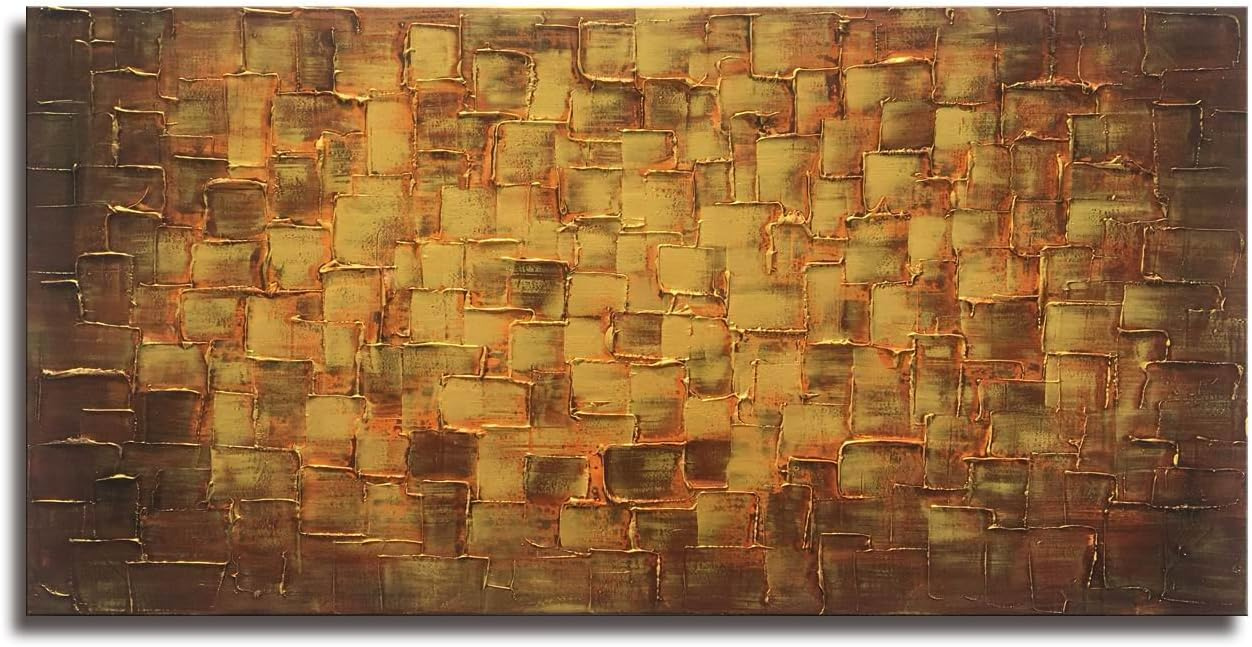 Textured Abstract Squares Canvas Wall Art Hand Painted Modern Golden Yellow Oil Painting Picture for Home Decoration Ready to Hang 40x20inch