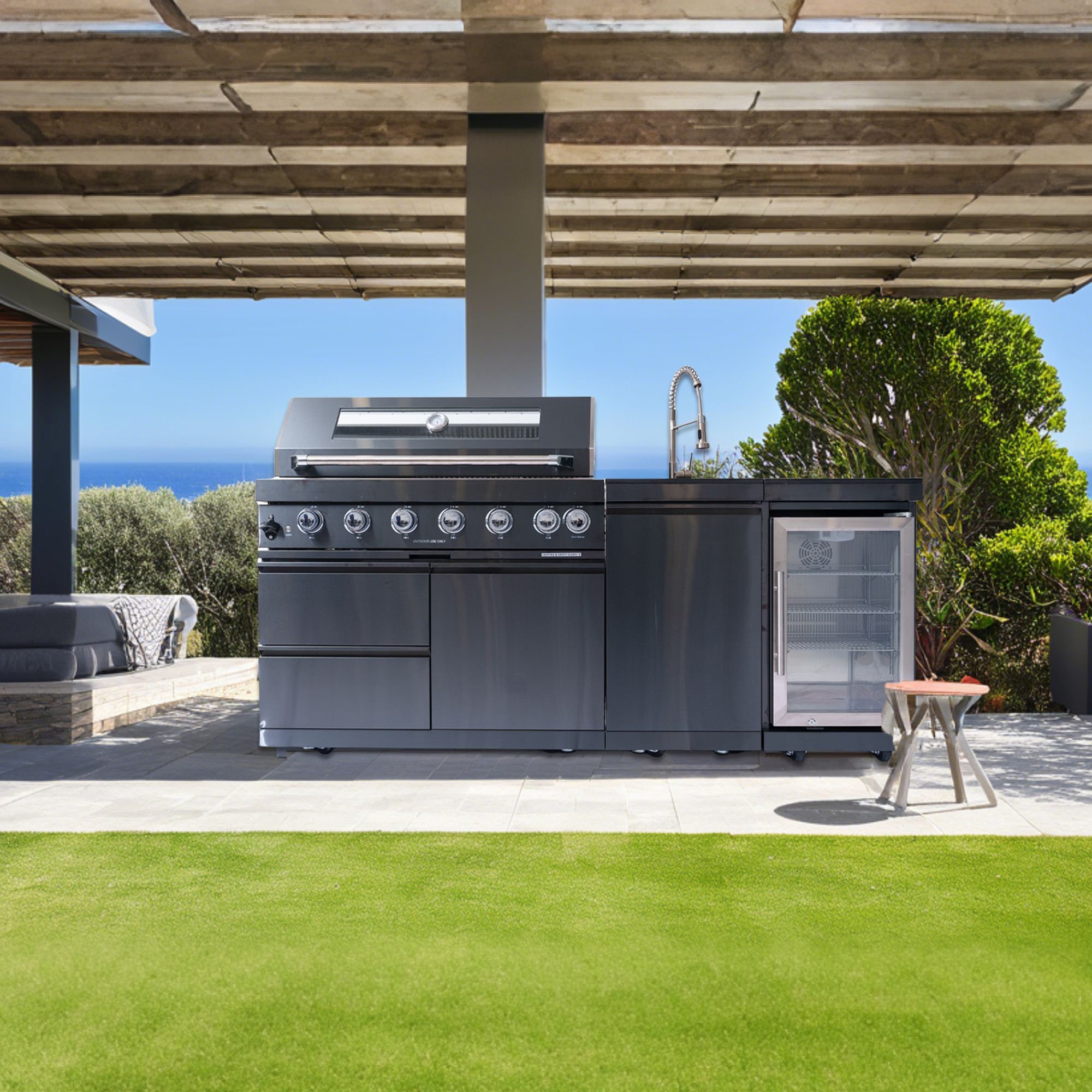 43-Inch 6-Burner 85000 BTU Deluxe Stainless Steel Gas Outdoor Kitchen Bar Barbecue Island Grill + Wine Cooler Compact Refrigerator + Rotisserie kit +