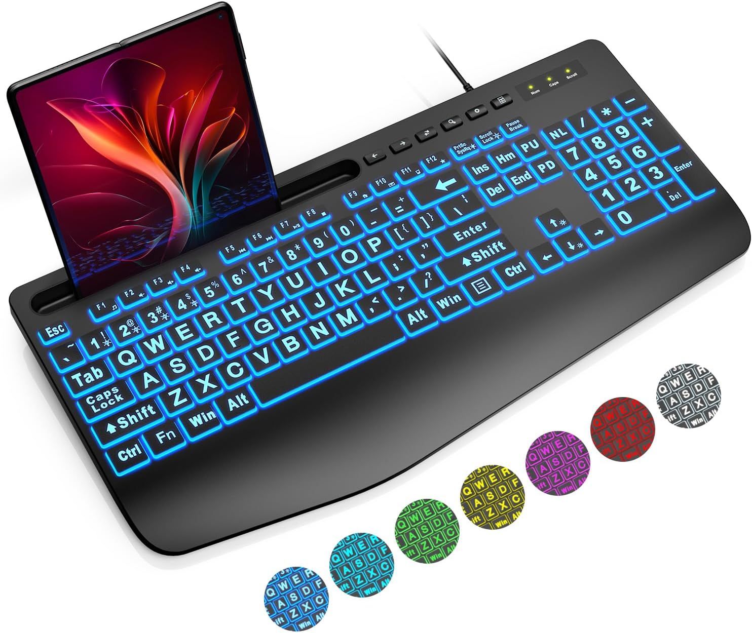Large Print Backlit Keyboard, Wired USB Computer Keyboards with 7-Colors Backlight, Wrist Rest, Phone Holder