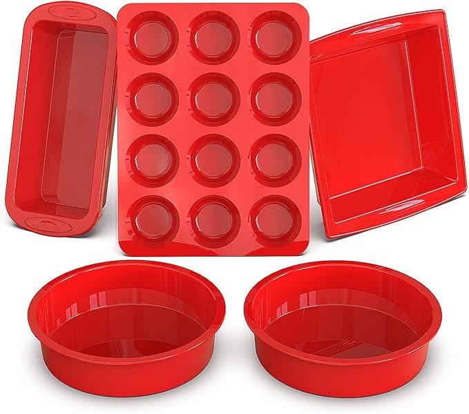 5-Piece Silicone Baking Pans Sets - Nonstick Silicone Bakeware Set with Bread Loaf Pan, Muffin Pan, Square/Round Cake Pan - Oven & Dishwasher Safe