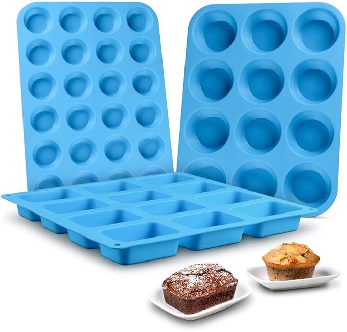Silicone Muffin Pan - Cupcake Pan, Mini Loaf Pan Silicone Baking Molds Food Grade 3-Pack