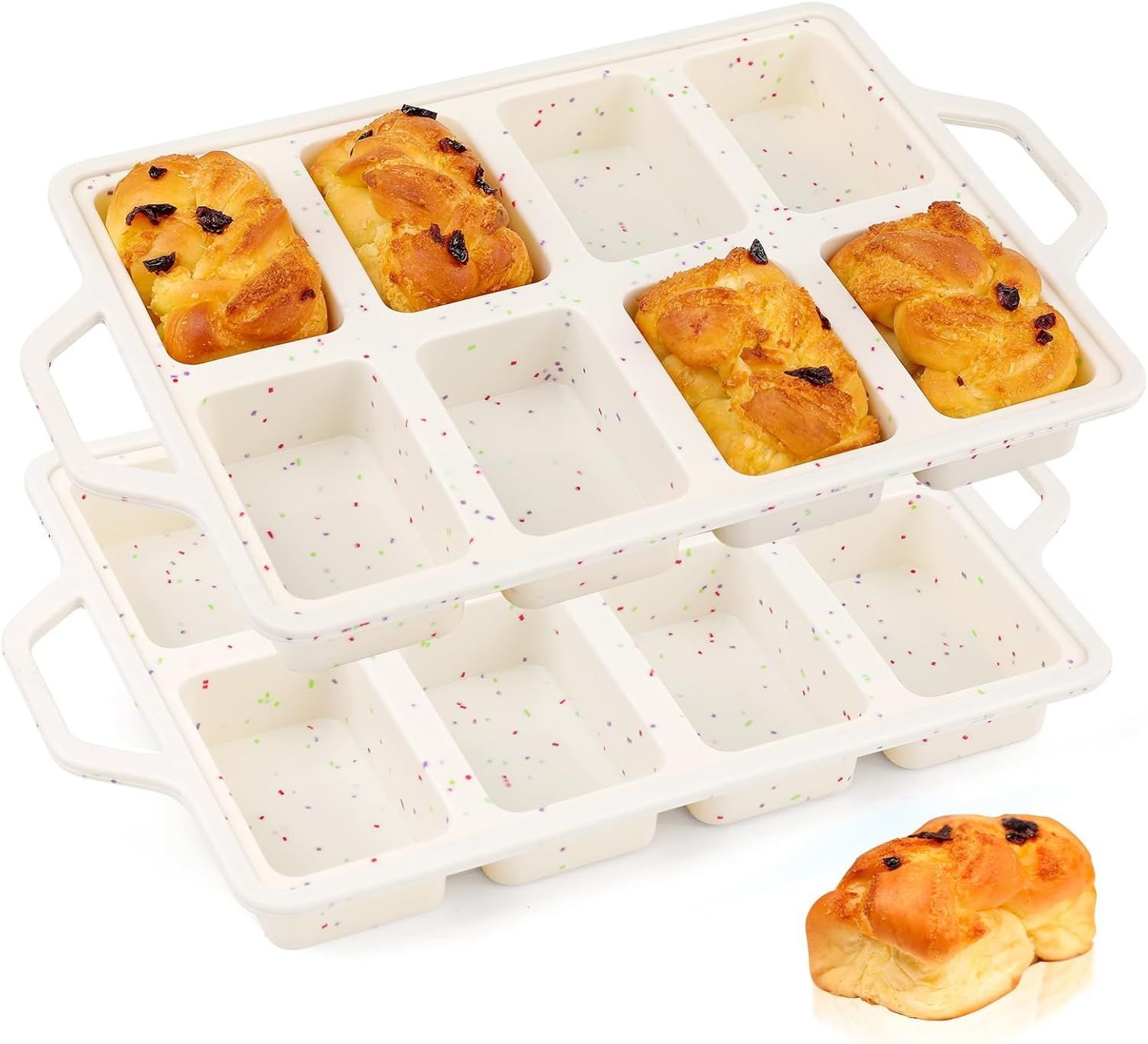 Silicone Mini Loaf Pans with Metal Reinforced Frame-2 Pack, Non-stick Silicone Bread Pan for Baking 8-Cavity, Tiny Banana Bread Set