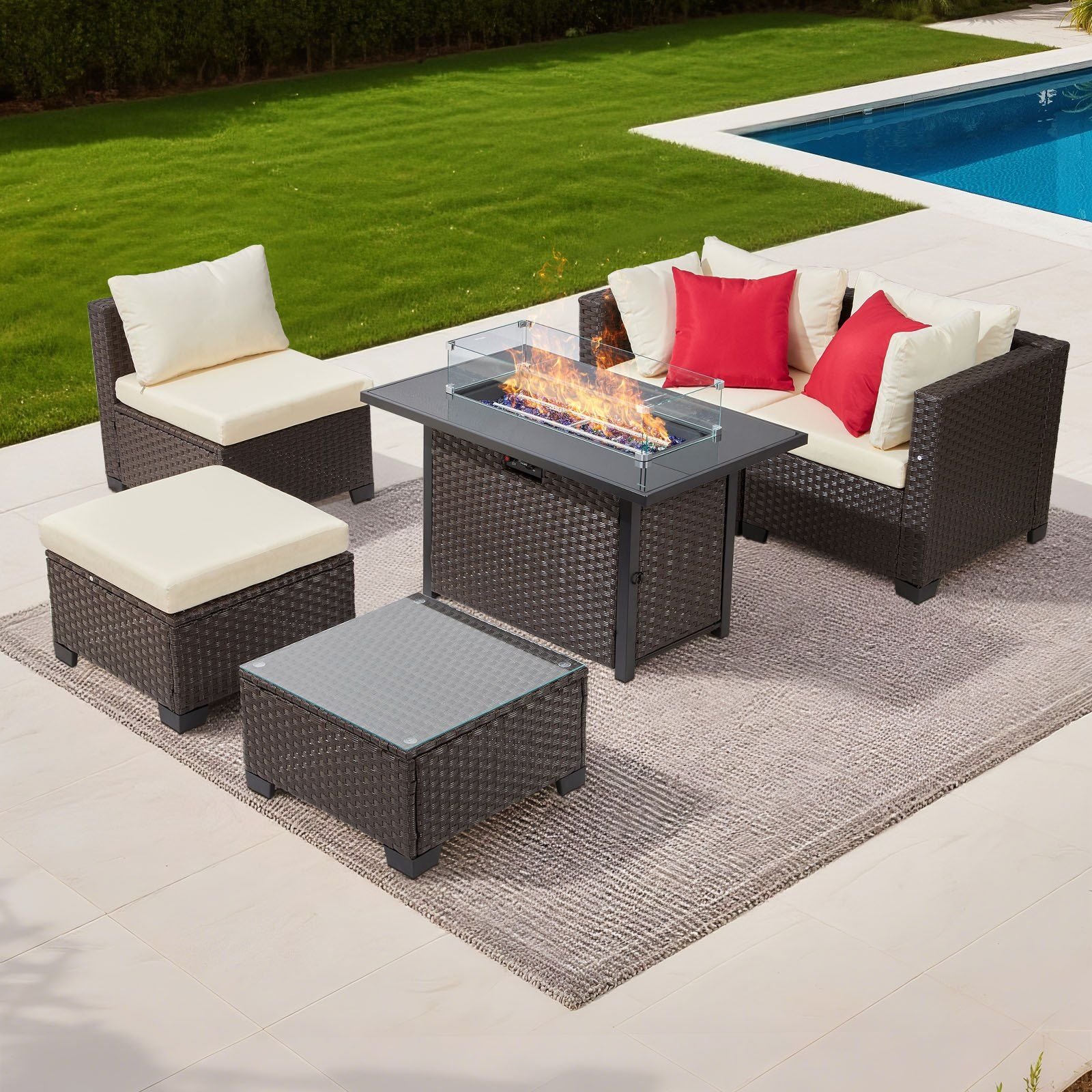 VEVOR 6-Piece Outdoor Patio Furniture Set, Wicker Rattan Outdoor Sectional Conversation Set with 50000BTU Propane Fire Pit Table, Cushioned Sofas