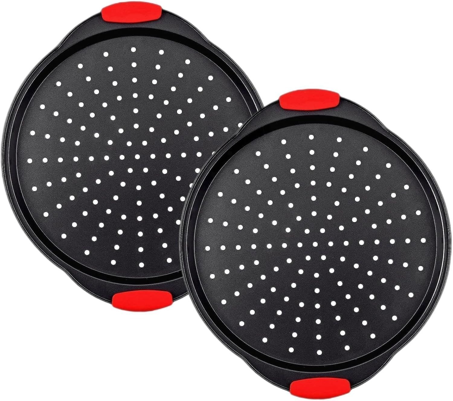 13 Inch Pizza Pan for Oven (2 Pack) Round Pizza Pan with Holes - Non-Stick Carbon Steel Pizza Tray with Silicone Handles - for Cooking, Baking