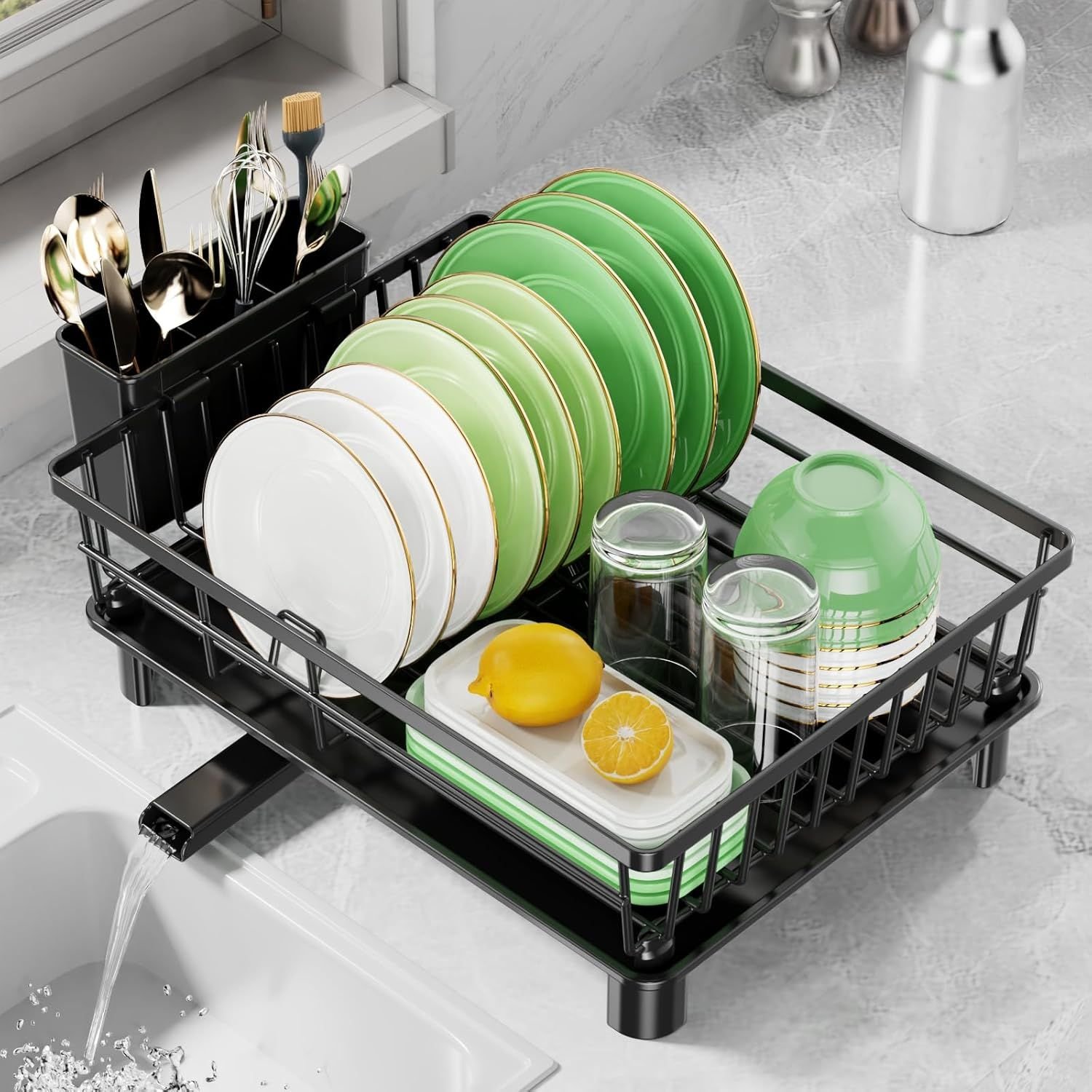 Dish Drying Rack for Kitchen Counter, Stainless Steel Drainer Anti Rust, Smart Drainage System Drainboard with Detachable Cutlery Holder