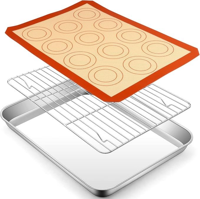 16 Inch Baking Oven Sheet Pan with Rack & Mat for Cookie, Stainless Steel Oven Sheet Tray Cooling Rack and Silicone Mat for Baking & Roasting