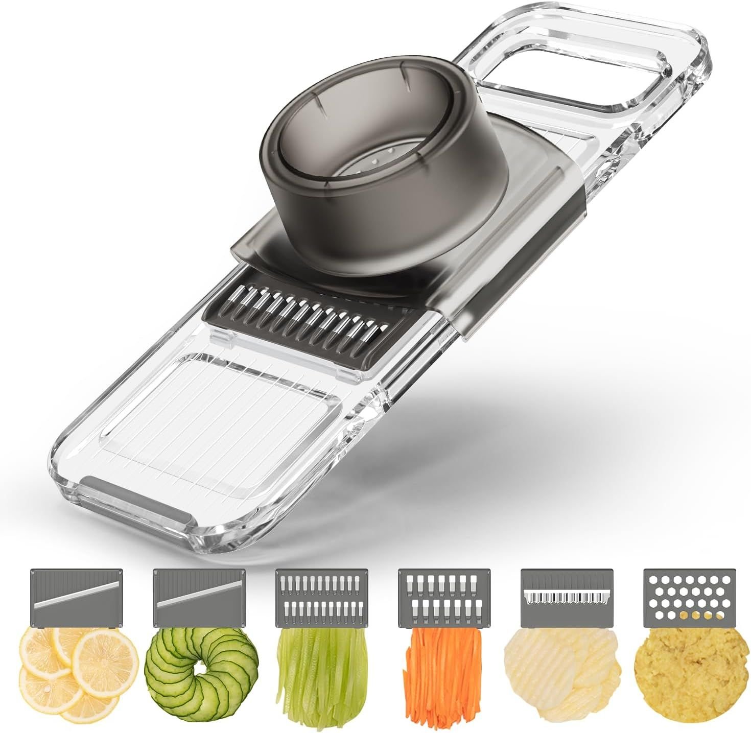 Transparent Multifunctional Mandoline Slicer - 6 Blades Interchangeable, Handheld Vegetable Cutter with Hand Guard for Kitchen, Onion, Garlic