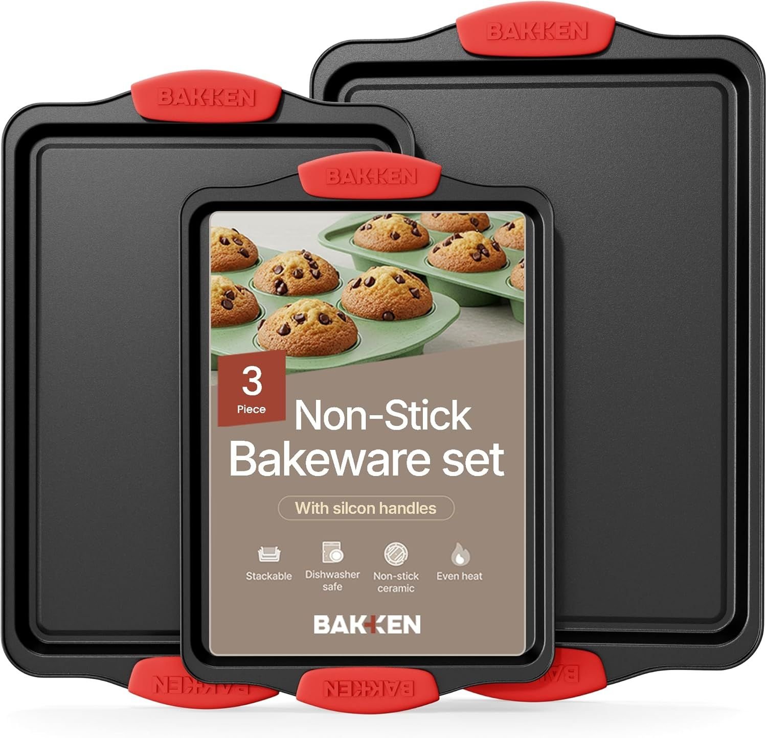 Baking Pan Set – 3 Piece Cookie Sheet – Deluxe Black Non-Stick Carbon Steel – Silicone Handles – Commercial Grade Restaurant Quality – PFOA PFOS and P