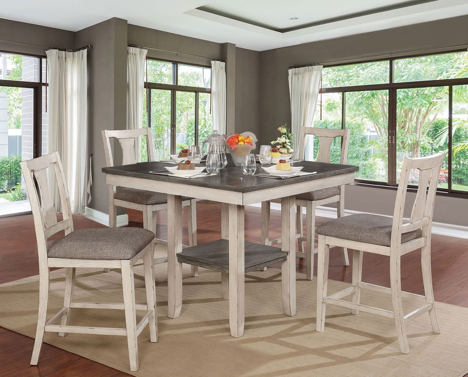 Dining Room Rustic Style Antique White 5pc Dining Set Counter Height Table w Shelf Unique High Chairs Furniture