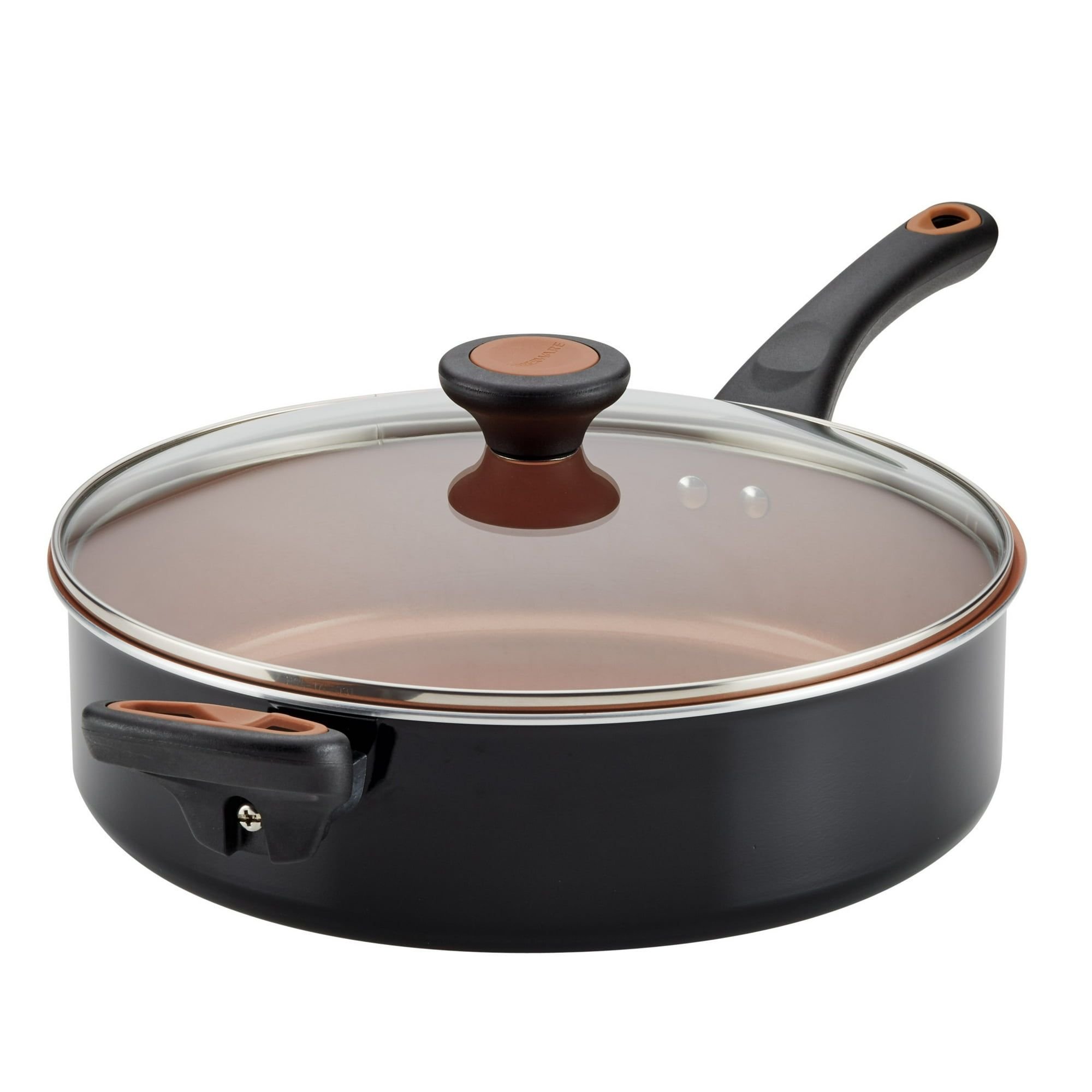 Glide Copper 4 Quart Ceramic Nonstick Saute Pan with Tempered Glass Lid and Helper Handle, Dishwasher Safe, Black