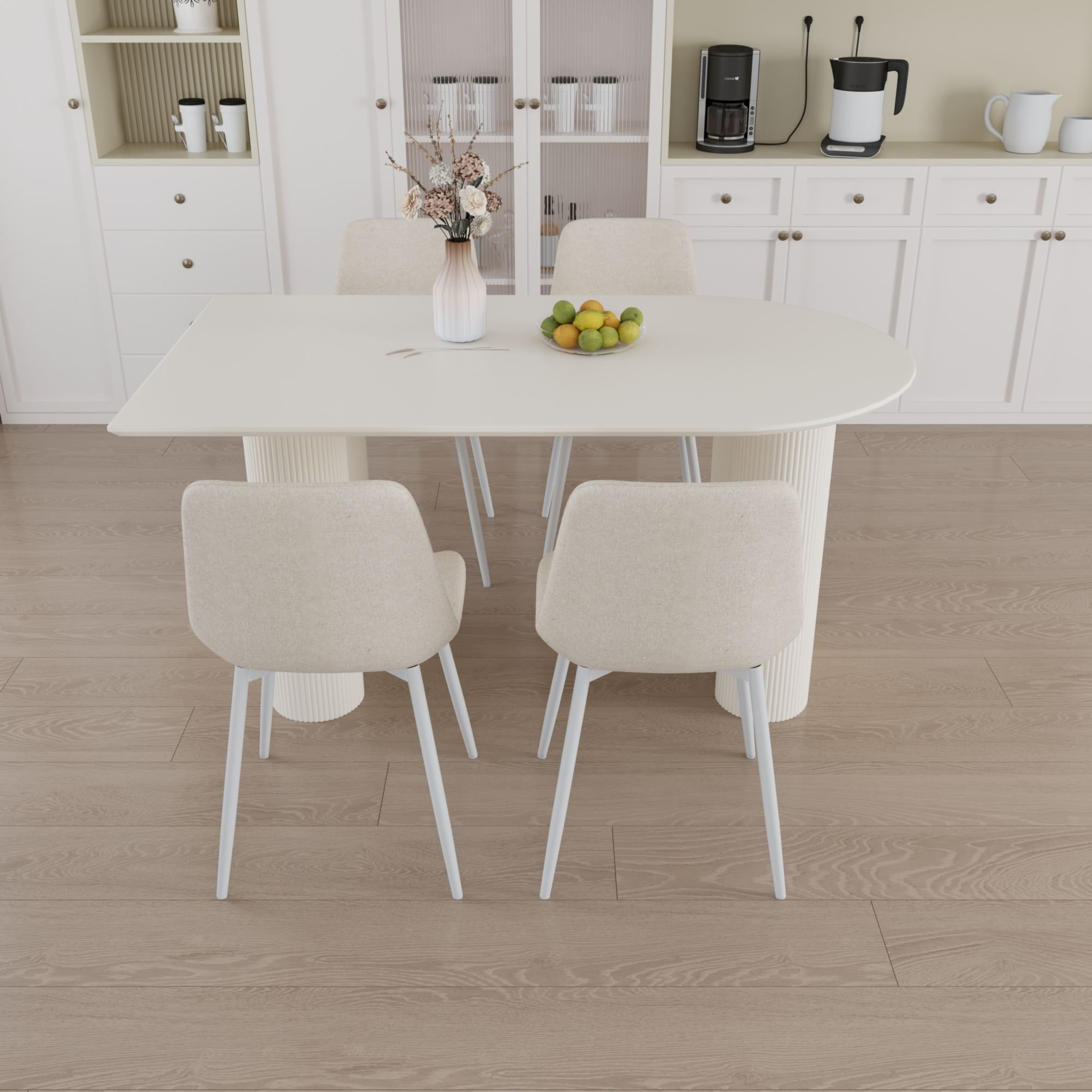 63 "MDF New Cream Style Dining Table and Modern Dining Chair 4-piece Set, Modern Fashion Kitchen Table Set, Round Wave Table Legs