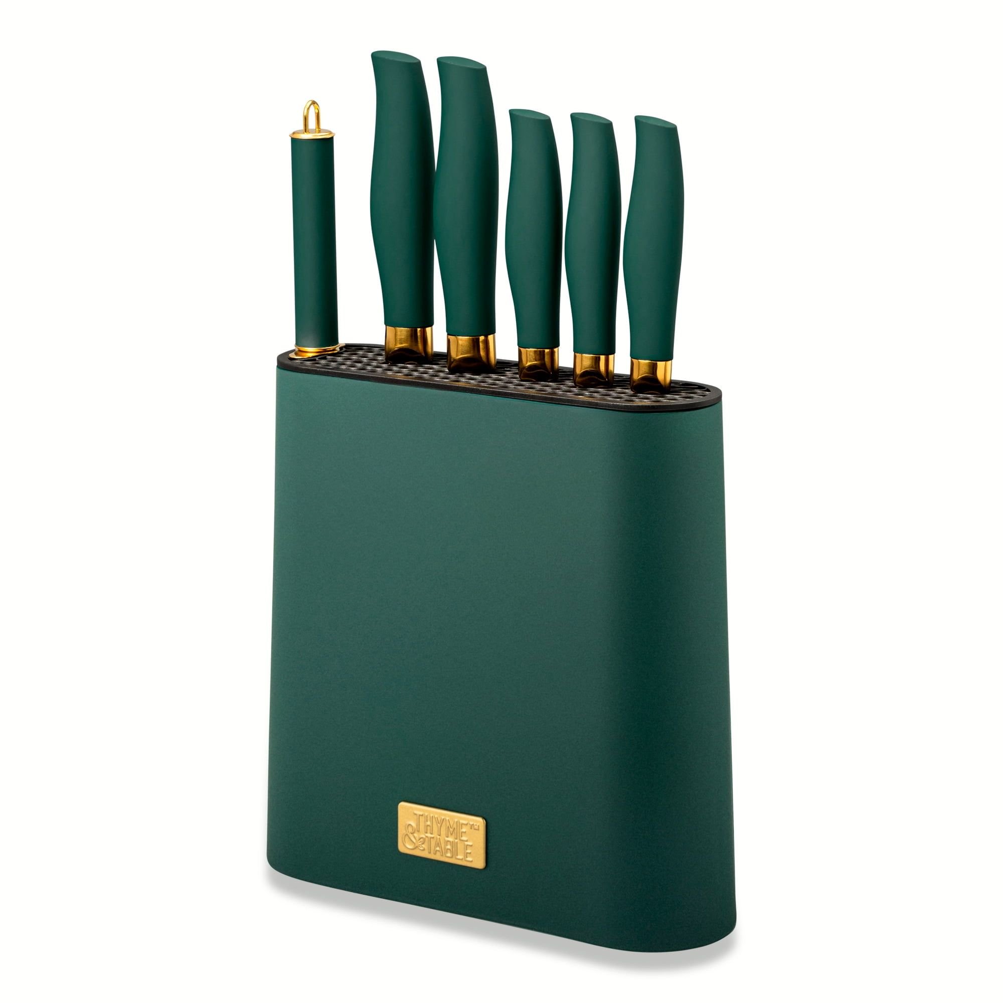 7-Piece Slim Block Knife Set - Green & Gold
