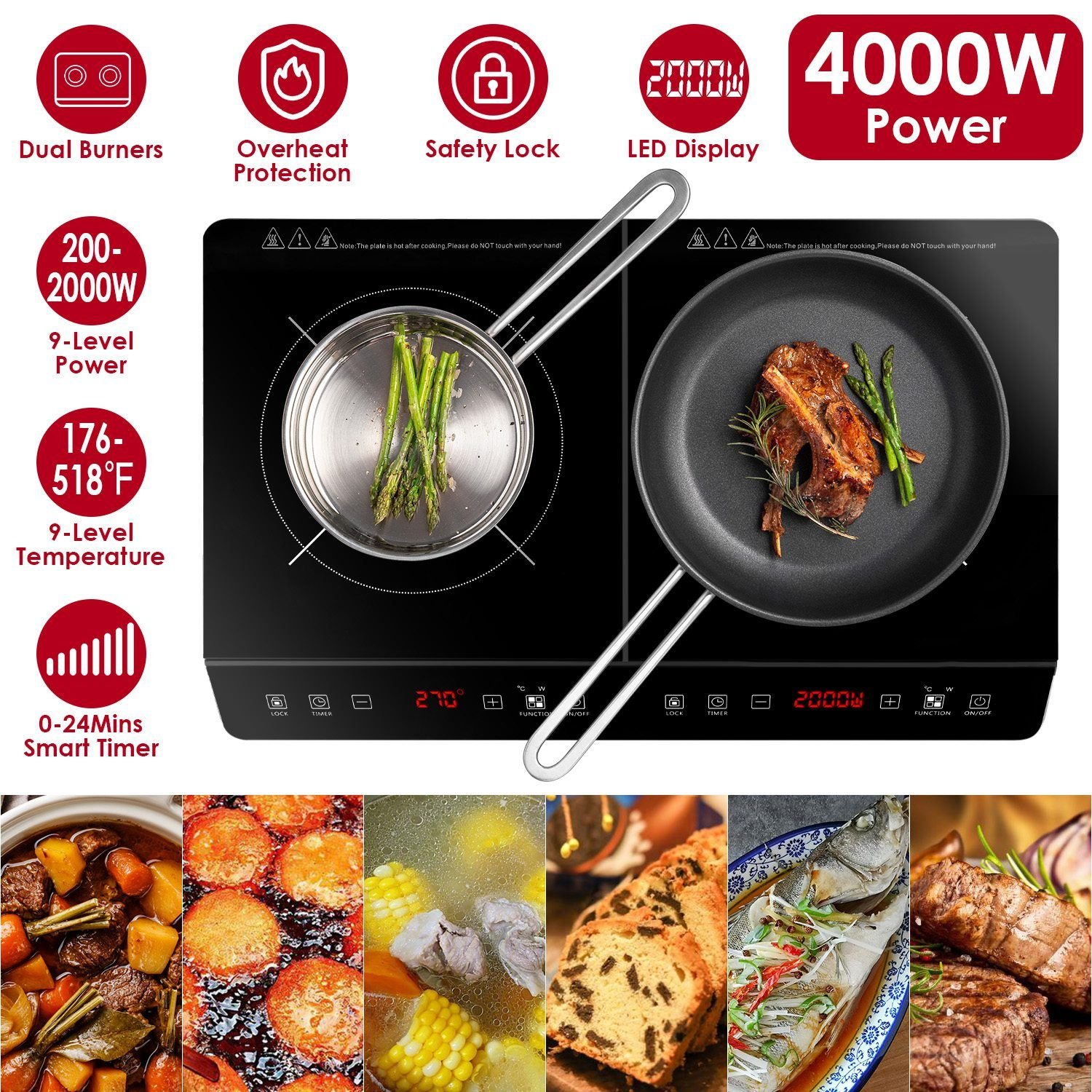 4000W Induction Cooktop Portable Double Induction Cooker Electric Dual Burner Stove Countertop Hot Plate with 9 Power 9 Temperature 0-3H Timer GPCT539
