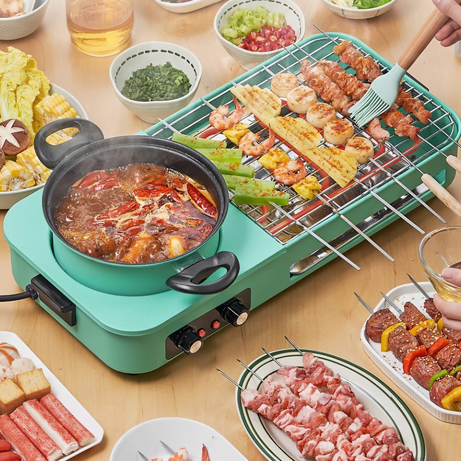 Electric Hot Pot with Grill,1600W 3-in-1 Smokeless Raclette Table Grill for Kitchen, Barbecue Shabu Hot Pot with Non-Stick Cooking Removable Plate