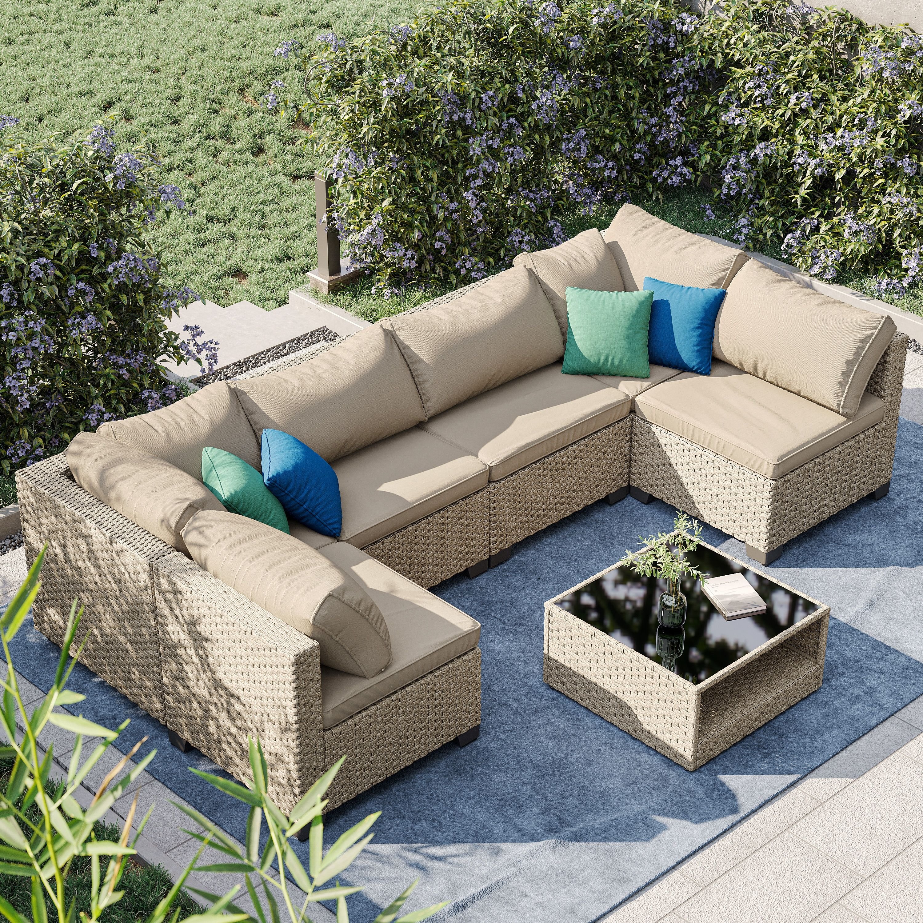 7-Piece Patio Furniture Set, All-Weather Outdoor Conversation Set Sectional Sofa with Water Resistant Beige Thick Cushions and Storage Table(Beige)