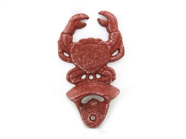 Red Whitewashed Cast Iron Wall Mounted Crab Bottle Opener 6""