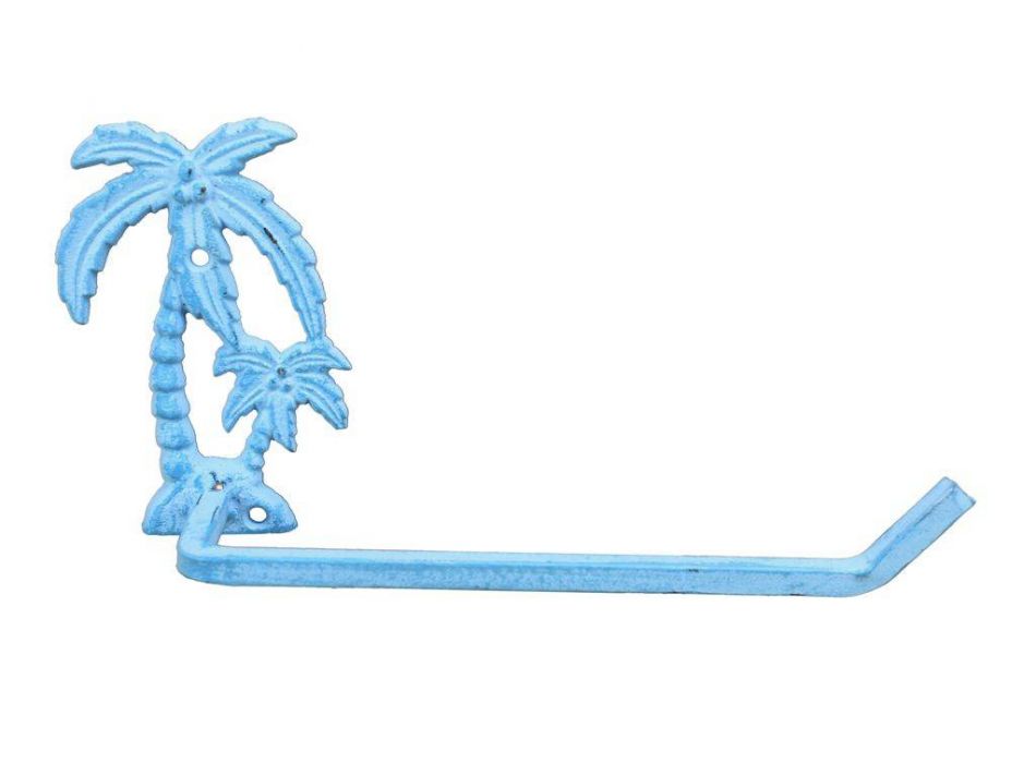 Light Blue Whitewashed Cast Iron Palm Tree Toilet Paper Holder 10""