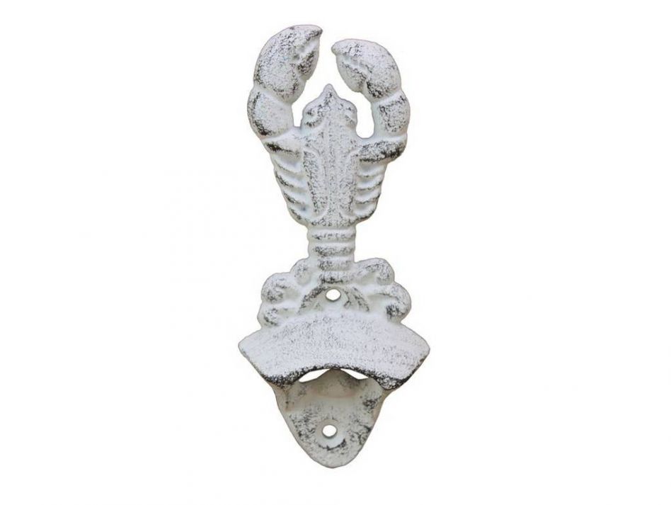 Whitewashed Cast Iron Wall Mounted Lobster Bottle Opener 6""