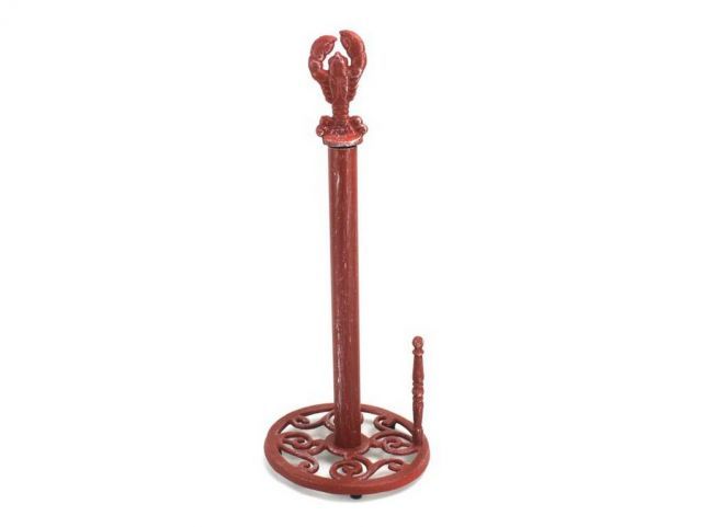 Red Whitewashed Cast Iron Lobster Paper Towel Holder 16""