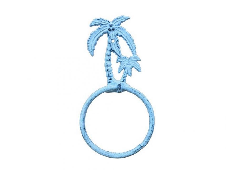 Dark Blue Whitewashed Cast Iron Palm Tree Towel Holder 9""