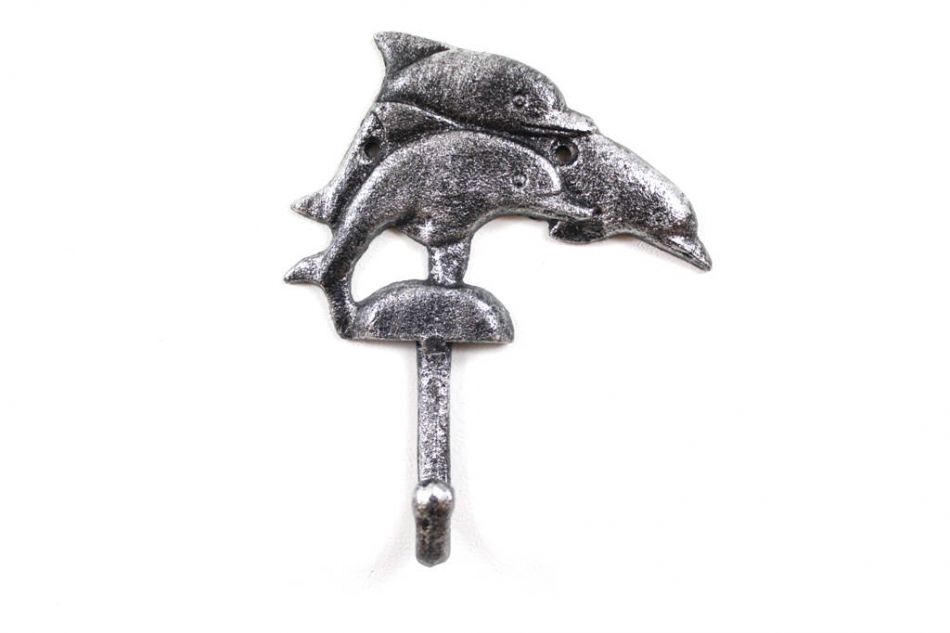 Rustic Silver Cast Iron Dolphins Wall Hook 6""