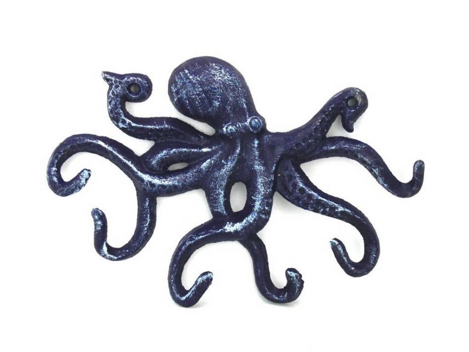 Rustic Dark Blue Cast Iron Octopus Hook 11""