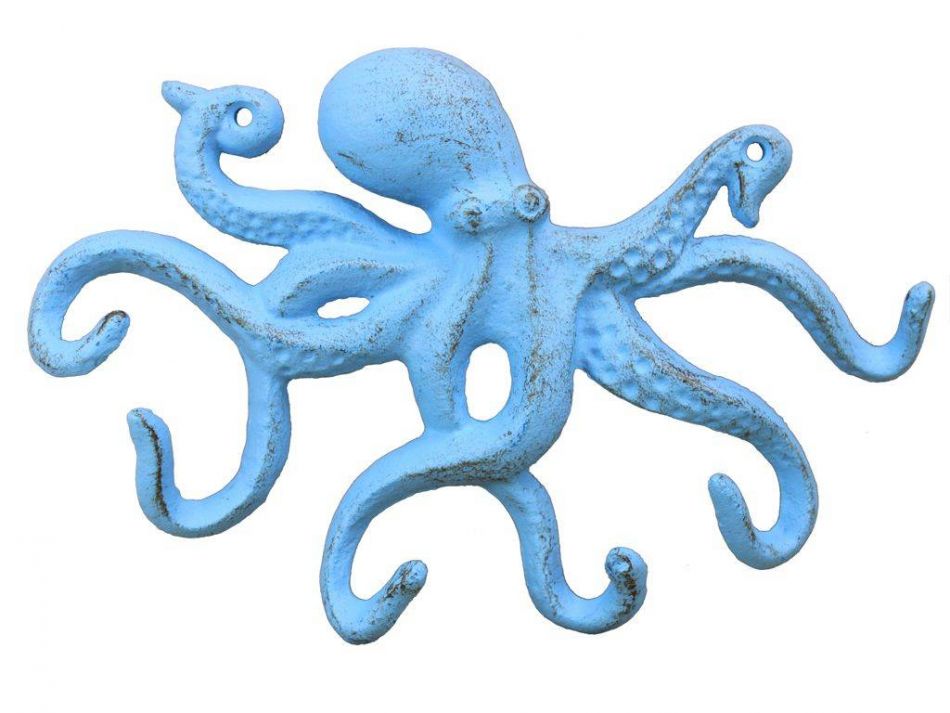 Rustic Light Blue Cast Iron Octopus Hook 11""