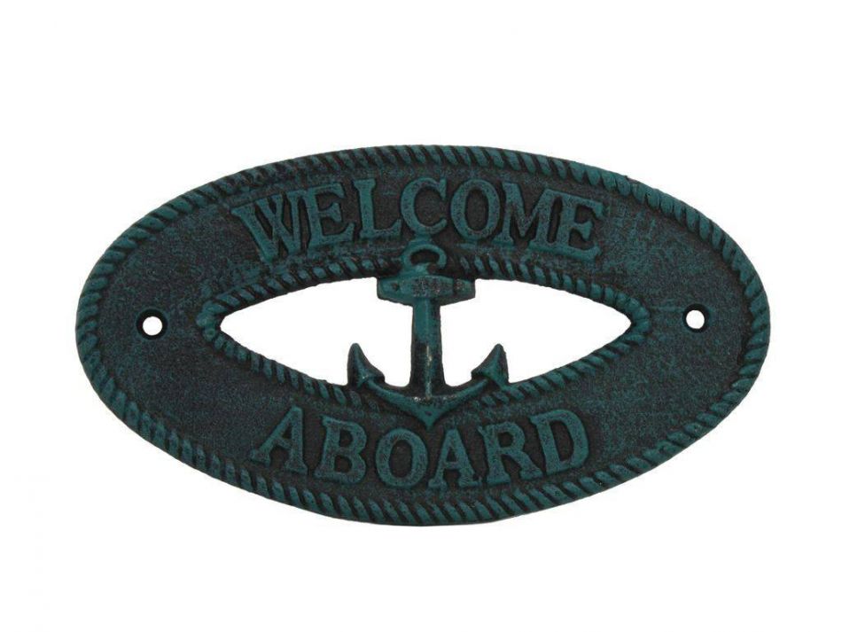 Seaworn Blue Cast Iron Welcome Aboard with Anchor Sign 8""