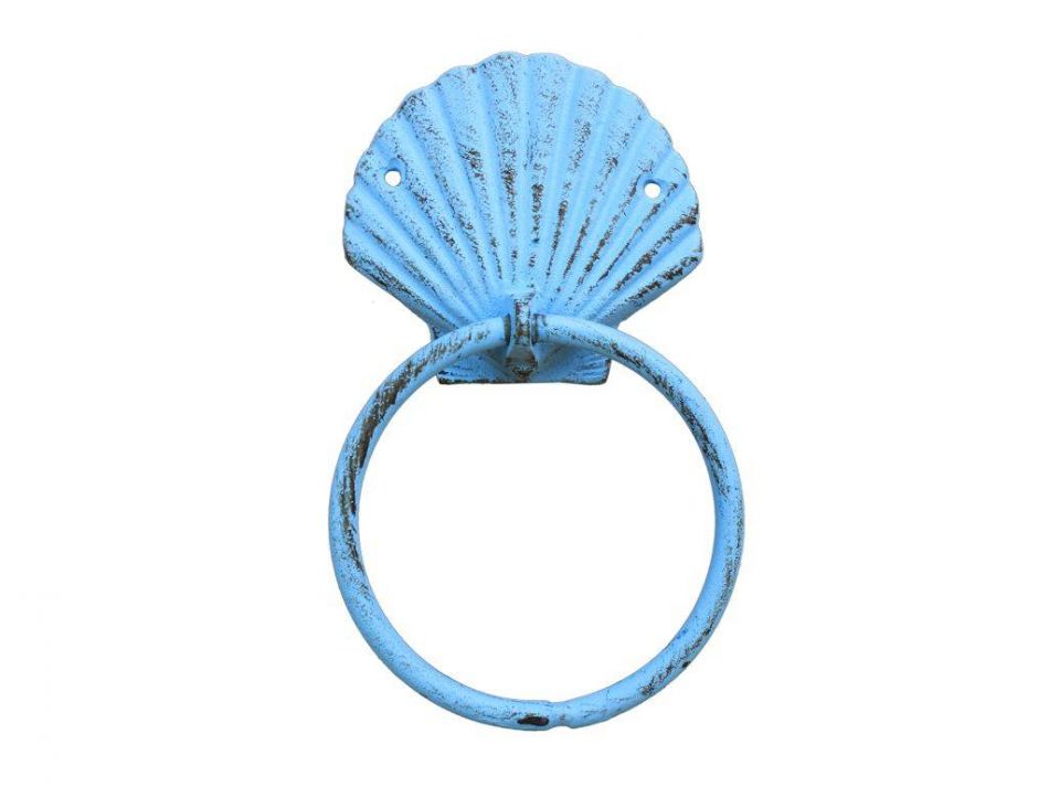 Rustic Light Blue Cast Iron Seashell Towel Holder 8.5""