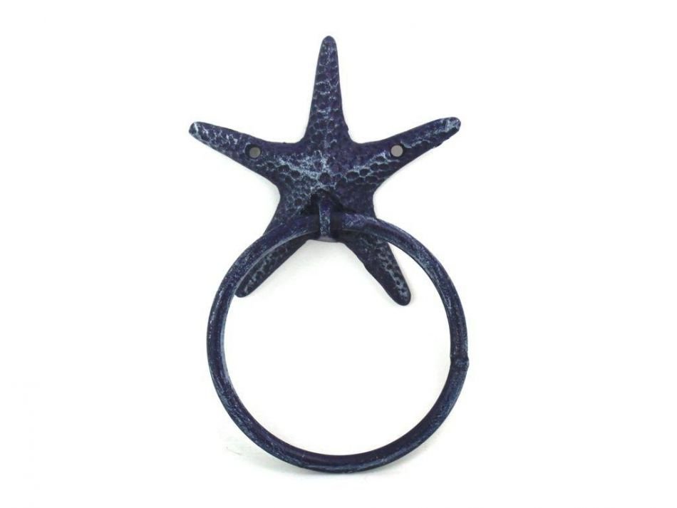 Rustic Dark Blue Cast Iron Starfish Towel Holder 8.5""