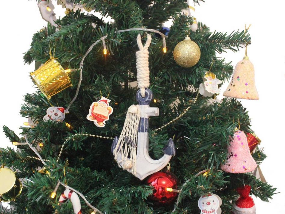Wooden Rustic Decorative Blue and White Anchor Christmas Tree Ornament
