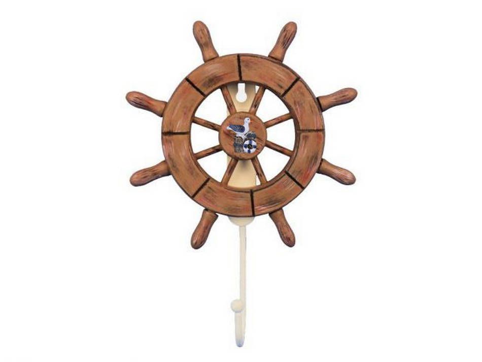 Rustic Wood Finish Decorative Ship Wheel with Seagull and Hook 8""