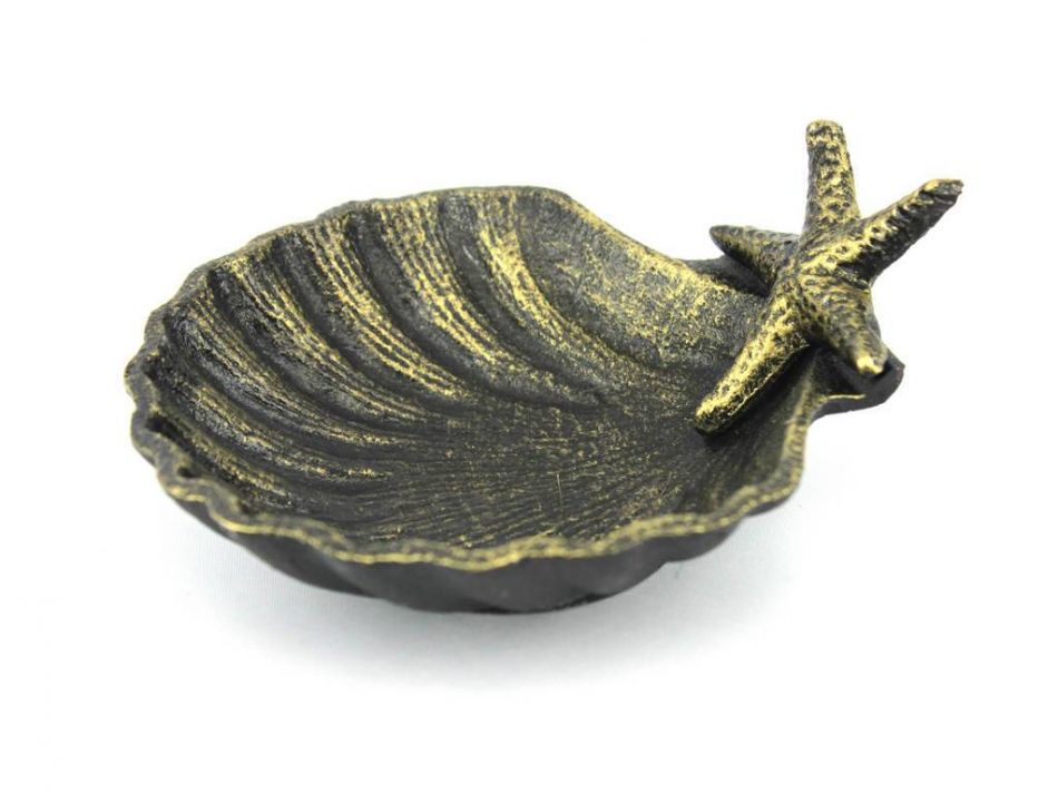 Antique Gold Cast Iron Shell With Starfish Decorative Bowl 6""