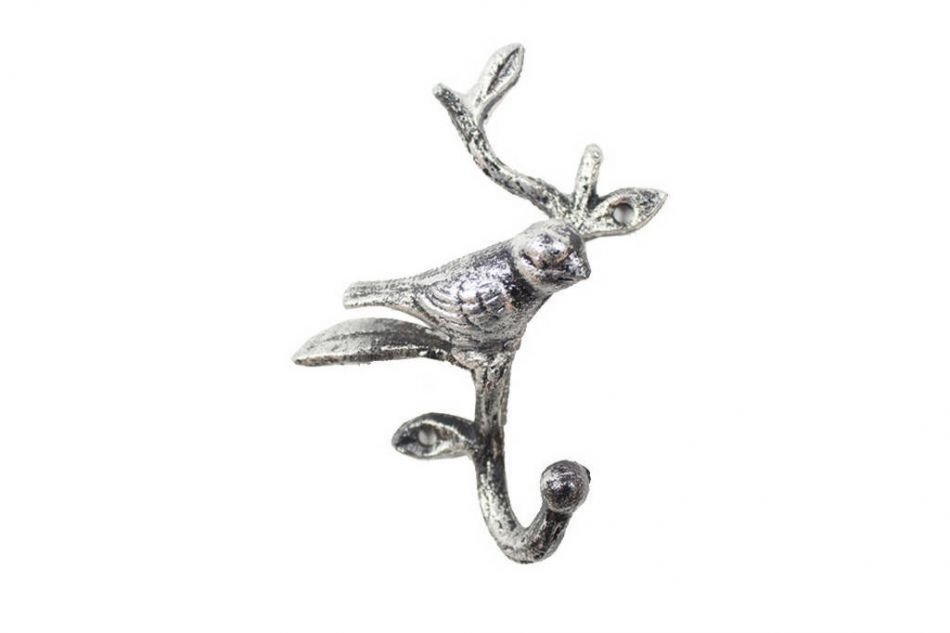 Rustic Silver Cast Iron Decorative Bird Hook 6"