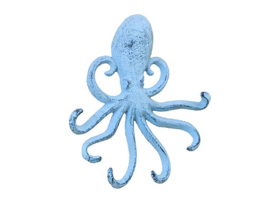 Rustic Dark Blue Whitewashed Cast Iron Wall Mounted Decorative Octopus Hooks 7"