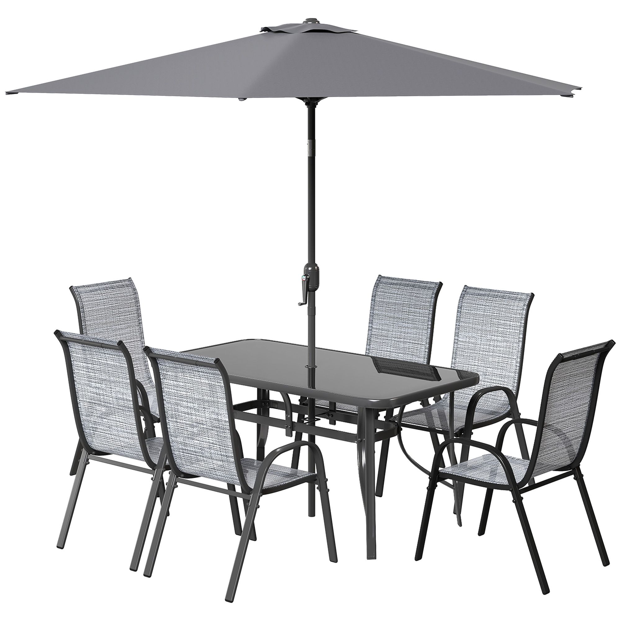 8 Pieces Patio Furniture Set with 9Ft Patio Umbrella, Outdoor Dining Table and Chairs, Mixed Gray